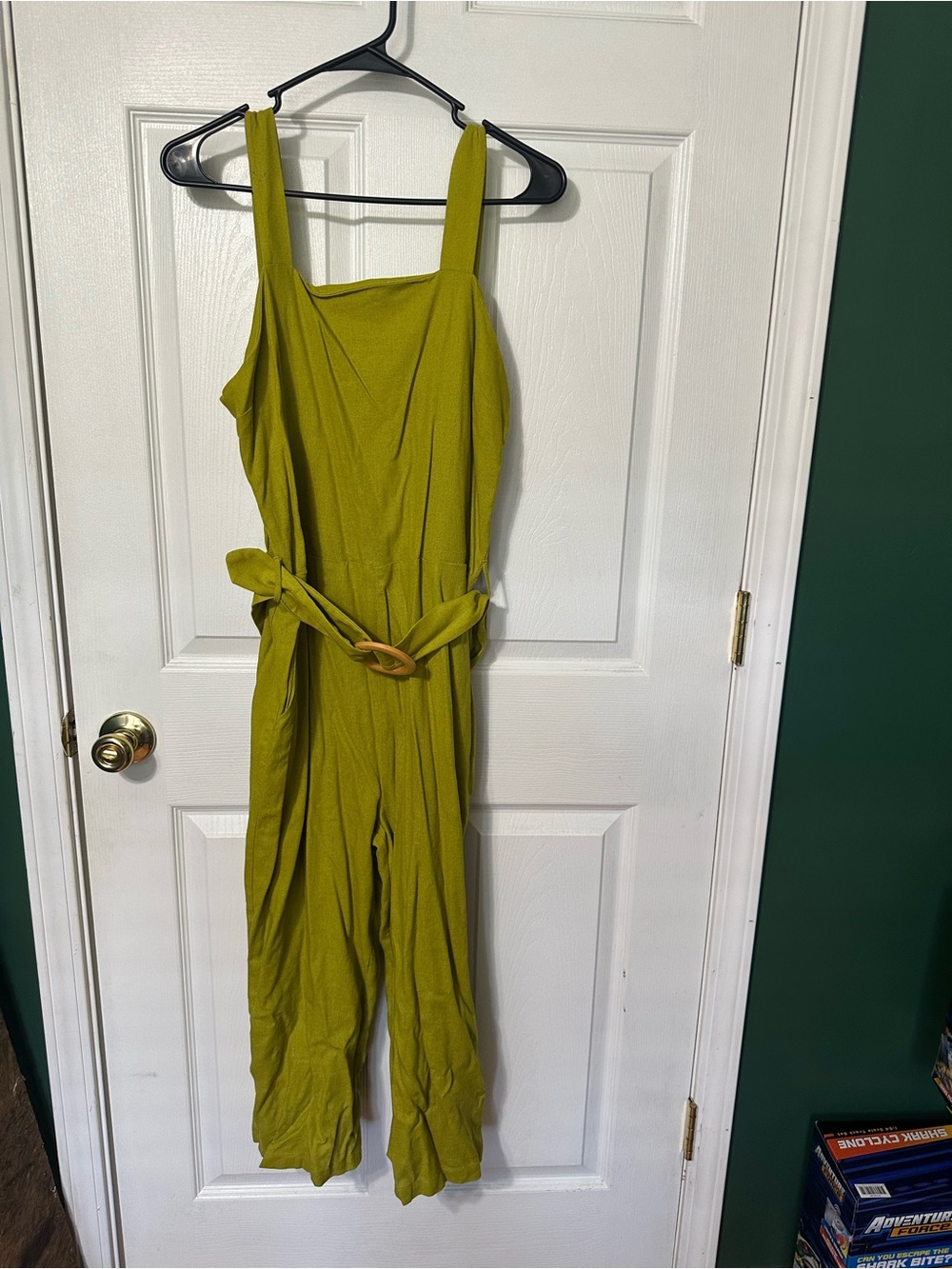Sleeveless Olive-Green Belted Wide-Leg Jumpsuit